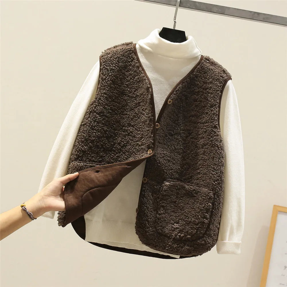 Beige sherpa fleece gilet for women in a sleeveless casual style