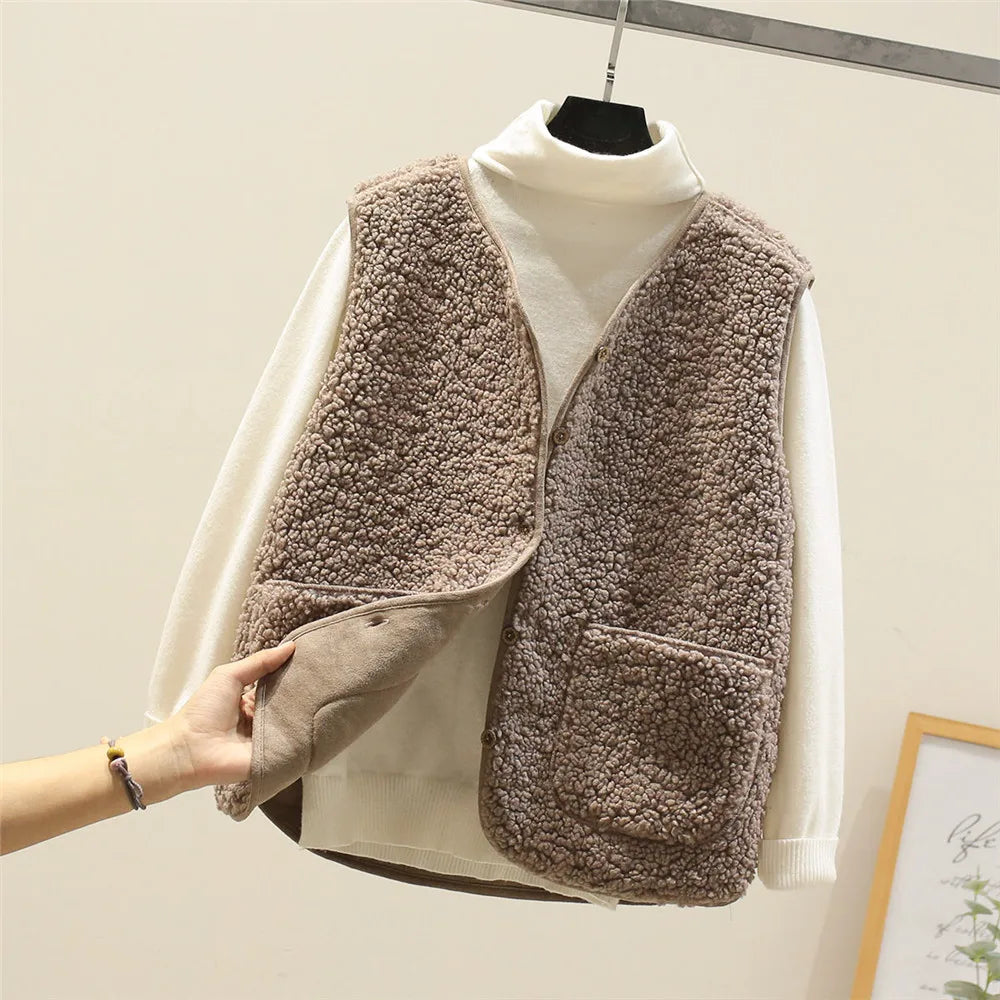 Beige sherpa fleece gilet for women in a sleeveless casual style