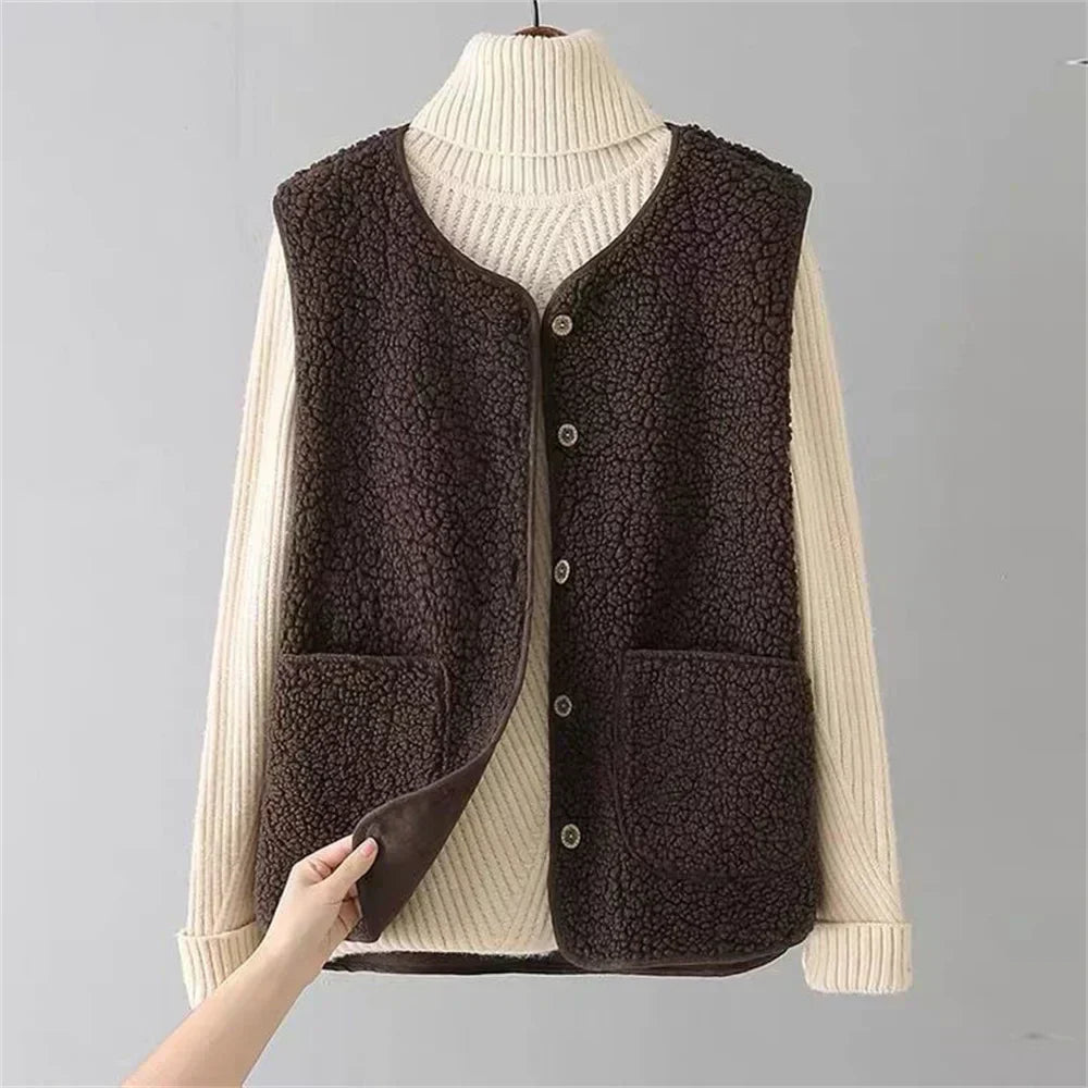 Beige sherpa fleece gilet for women in a sleeveless casual style