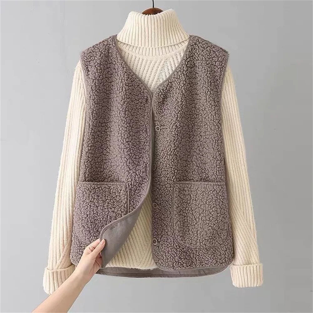 Beige sherpa fleece gilet for women in a sleeveless casual style