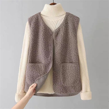 Beige sherpa fleece gilet for women in a sleeveless casual style