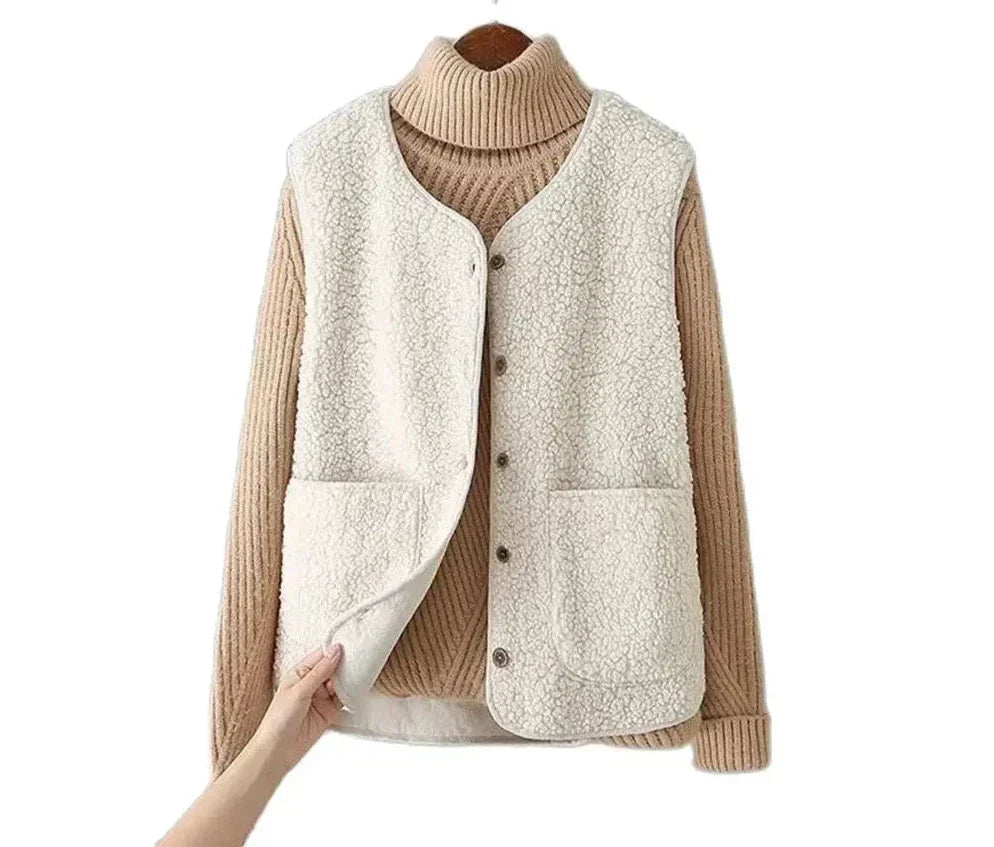 Beige sherpa fleece gilet for women in a sleeveless casual style