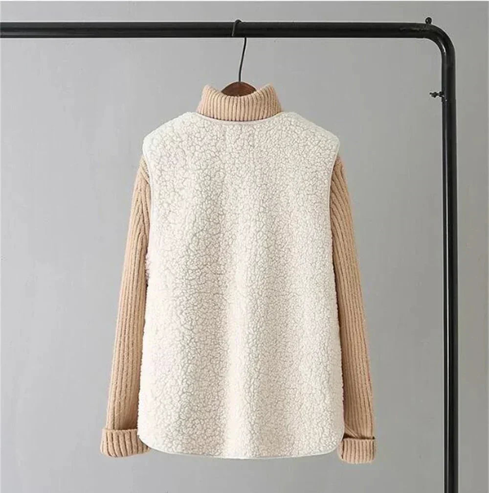 Beige sherpa fleece gilet for women in a sleeveless casual style