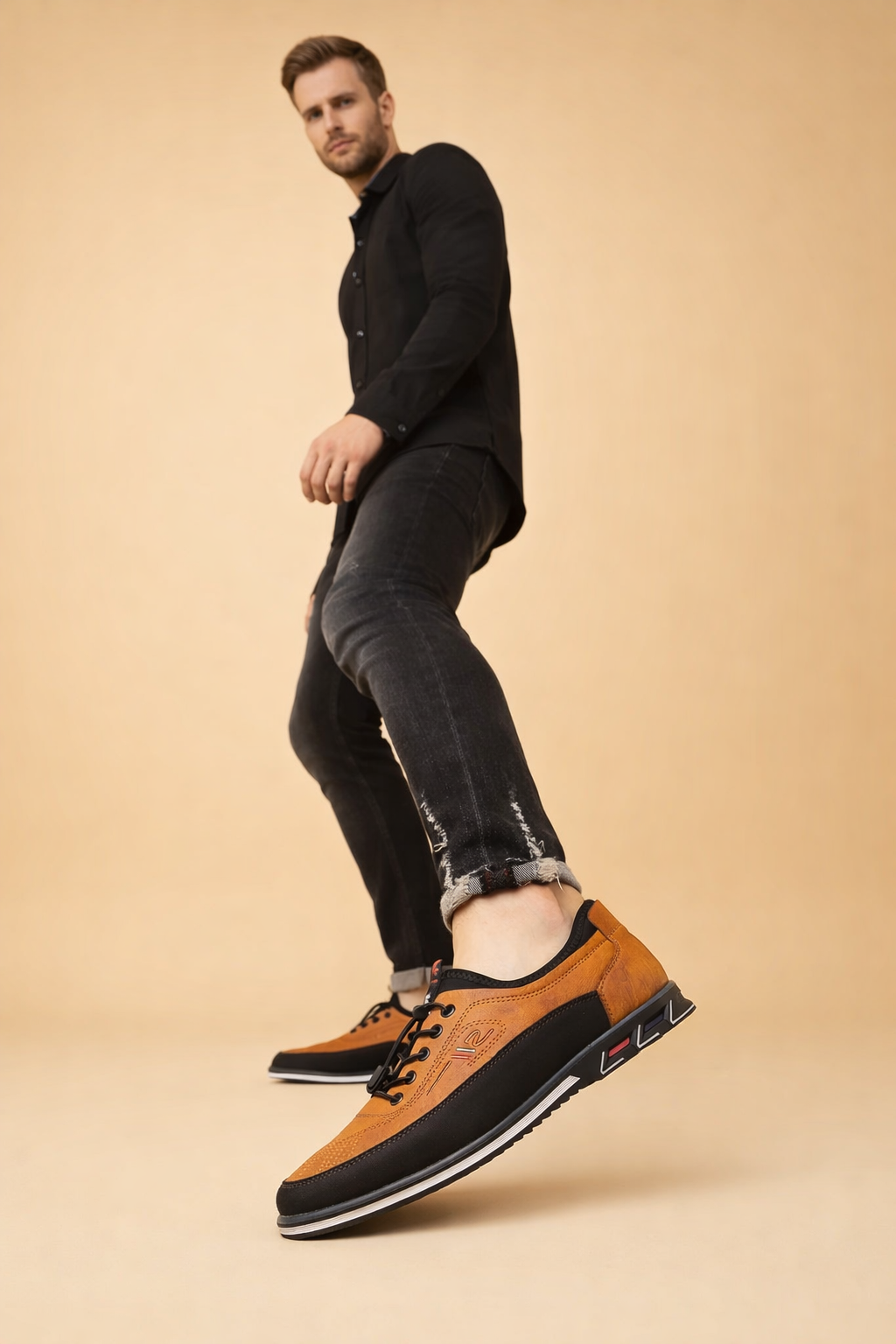 Brown men's vegan leather dress shoes with a lace-up front