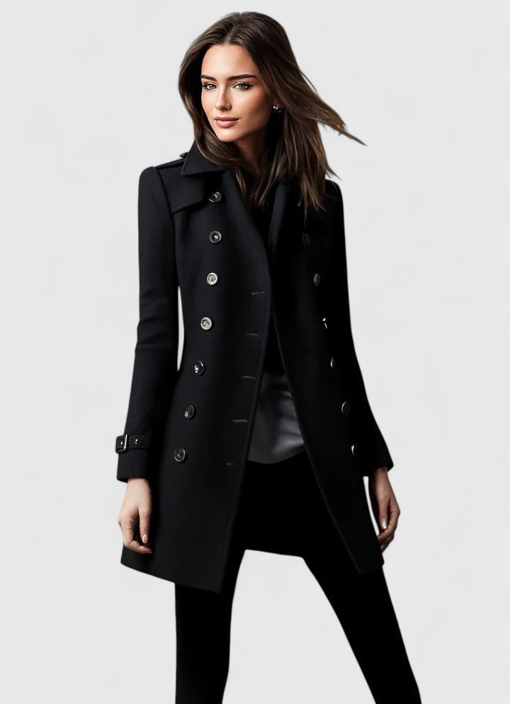 Women's Black Long Double-Breasted Coat