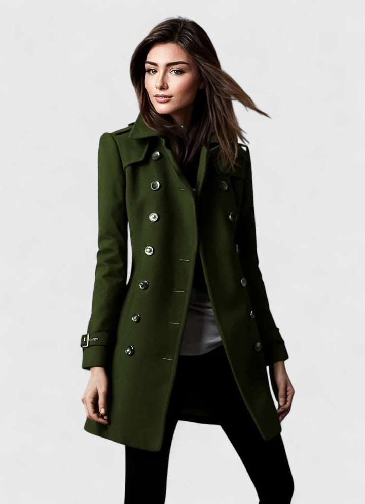 Women's Green Long Double-Breasted Coat