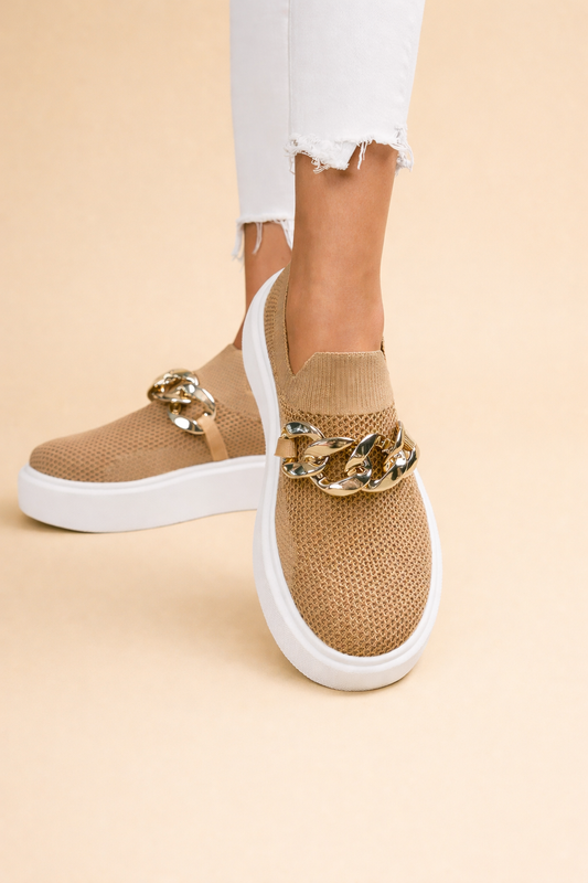 Women's brown platform slip-on trainers with a knit upper
