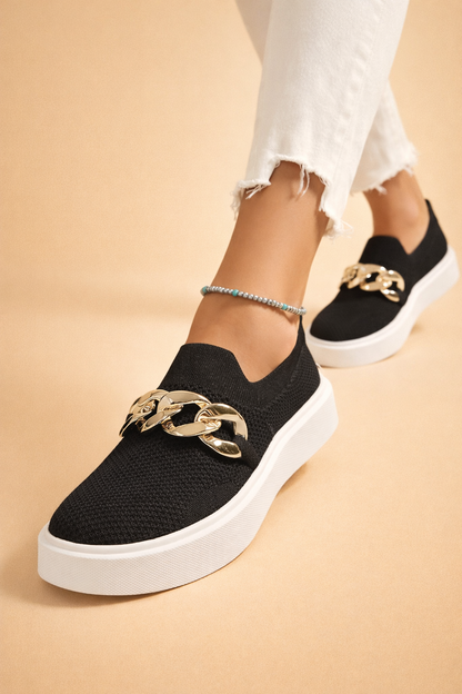 Women's brown platform slip-on trainers with a knit upper