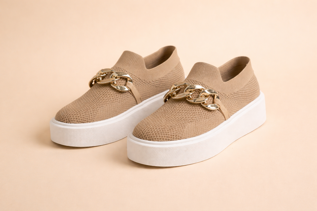 Women's brown platform slip-on trainers with a knit upper