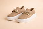 Women's brown platform slip-on trainers with a knit upper