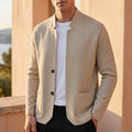 Women's oatmeal stand collar knit cardigan with long sleeves