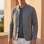 Women's oatmeal stand collar knit cardigan with long sleeves