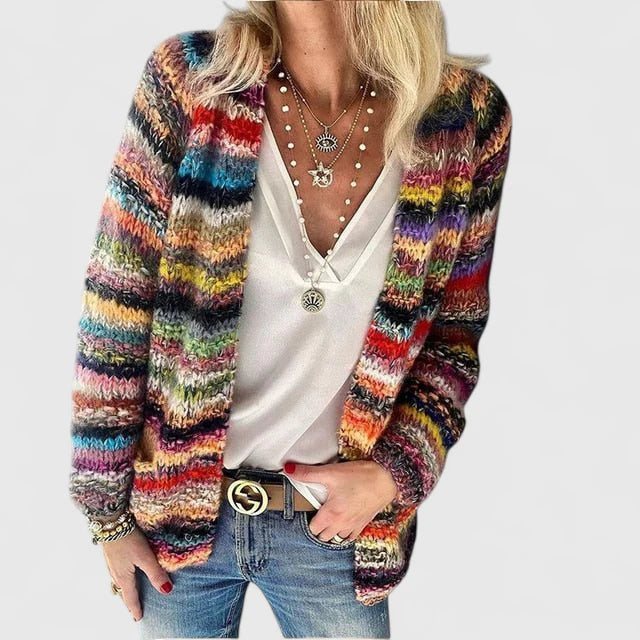 Women's red relaxed open knit cardigan for easy autumn layering