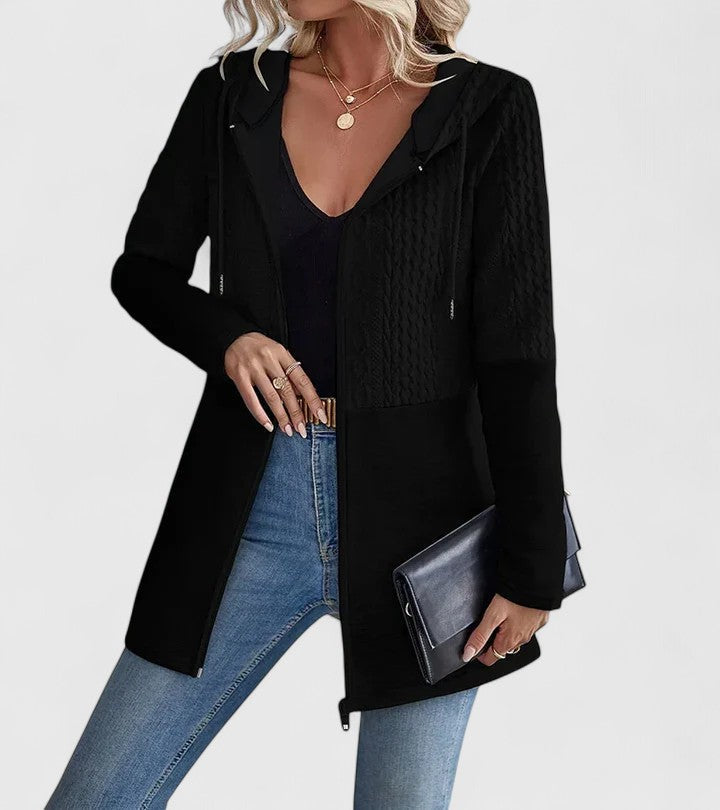 Women's Black Sophisticated Longline Hooded Knit Autumn Jacket