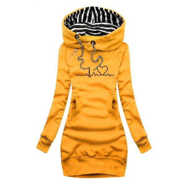 Women's Yellow Oversized Longline Graphic Print Autumn Hoodie