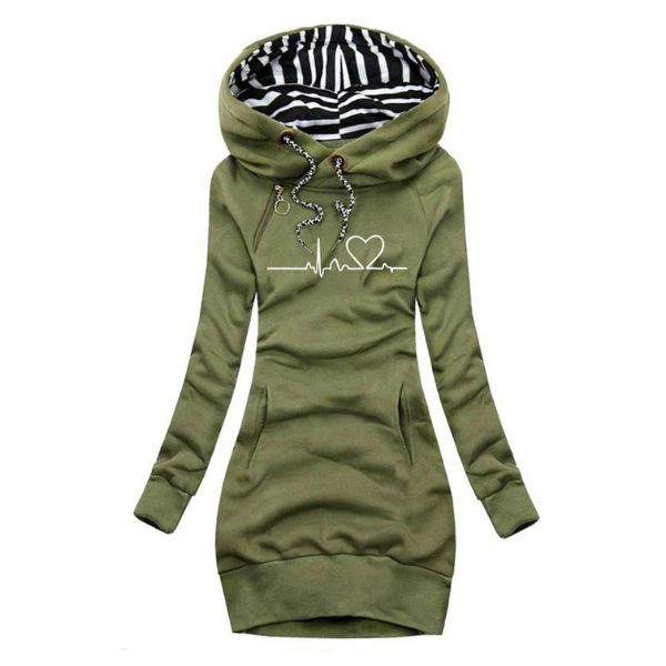 Women's Green Oversized Longline Graphic Print Autumn Hoodie