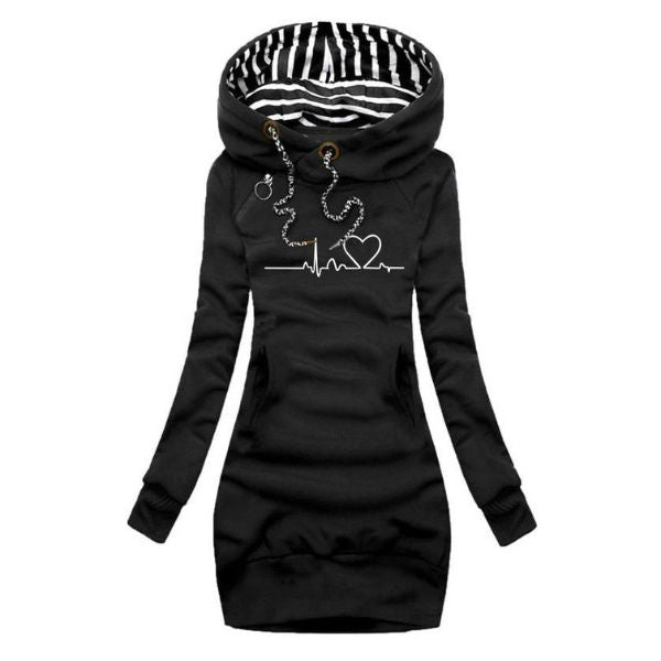 Women's Black Oversized Longline Graphic Print Autumn Hoodie