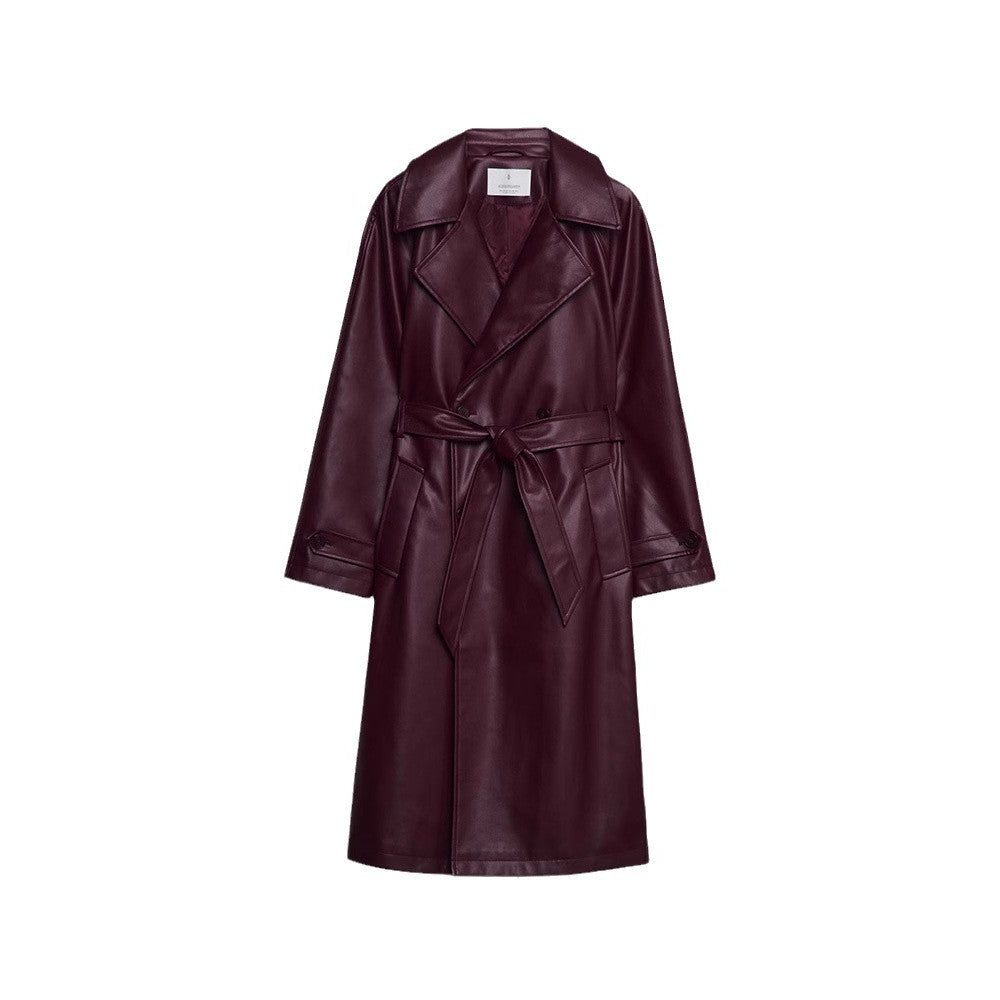 Red faux leather double-breasted trench coat with long length and tie belt