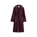 Red faux leather double-breasted trench coat with long length and tie belt