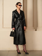 Black faux leather trench coat, front view