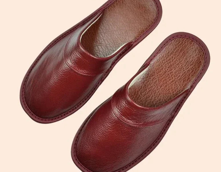 Burgundy men's faux leather slippers for indoor and outdoor wear
