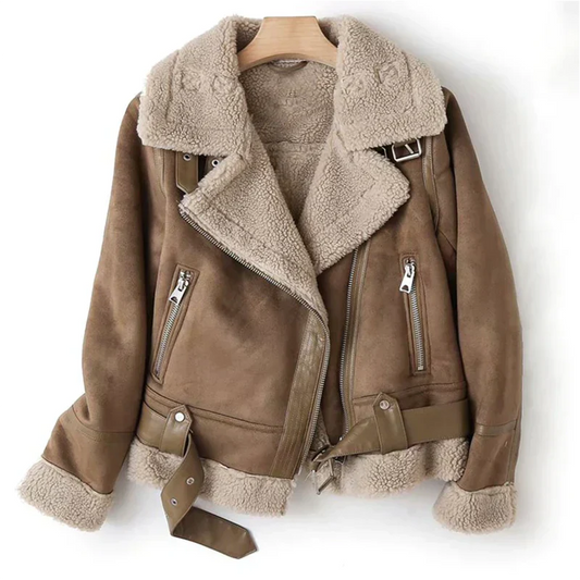 Women's brown faux leather jacket with a sherpa lining for warmth