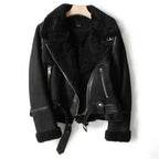 Women's brown faux leather jacket with a sherpa lining for warmth