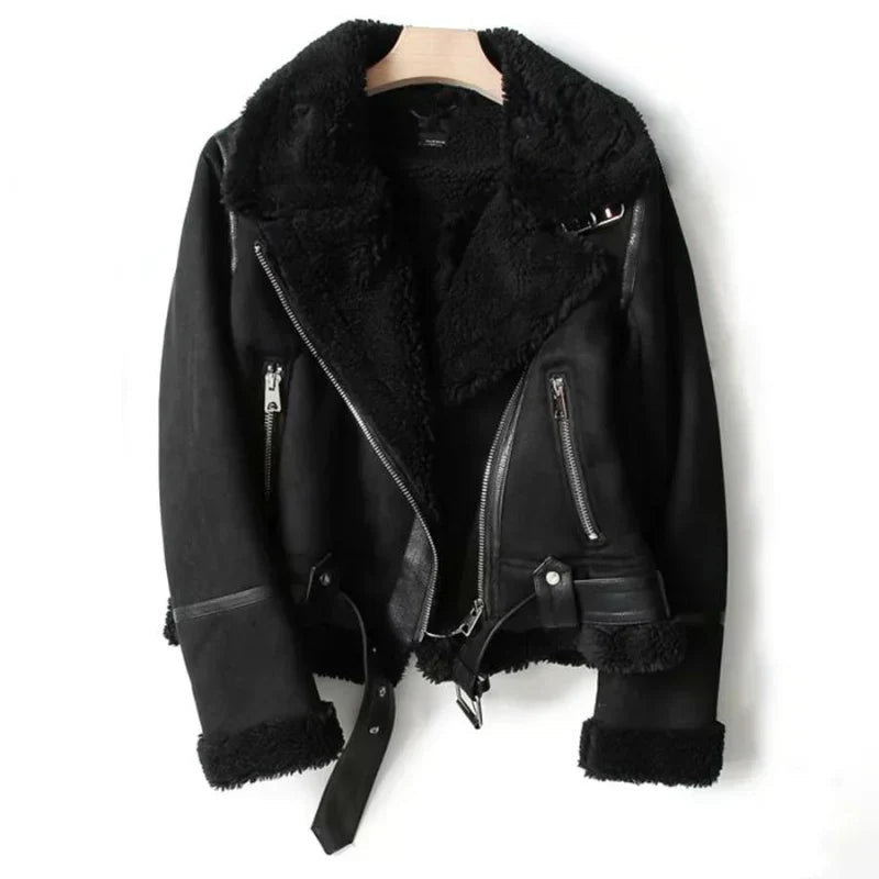 Women's brown faux leather jacket with a sherpa lining for warmth