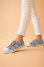 Women's blue slip-on trainers with a breathable knit upper