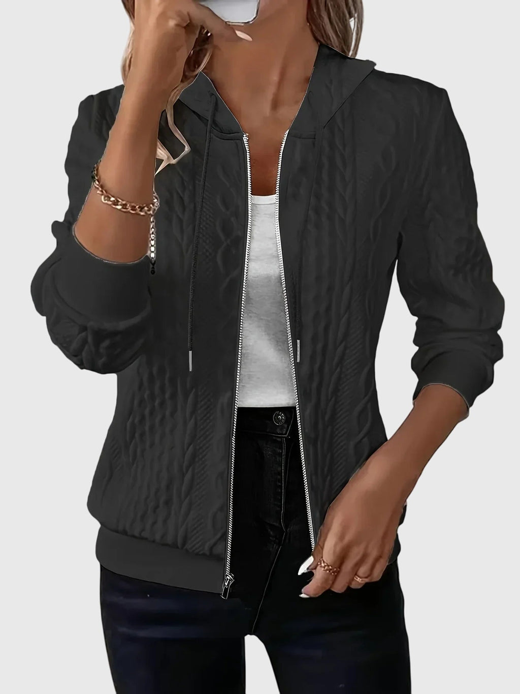 Women's Black Zip-Up Longline Autumn Hoodie with Drawstring Hood