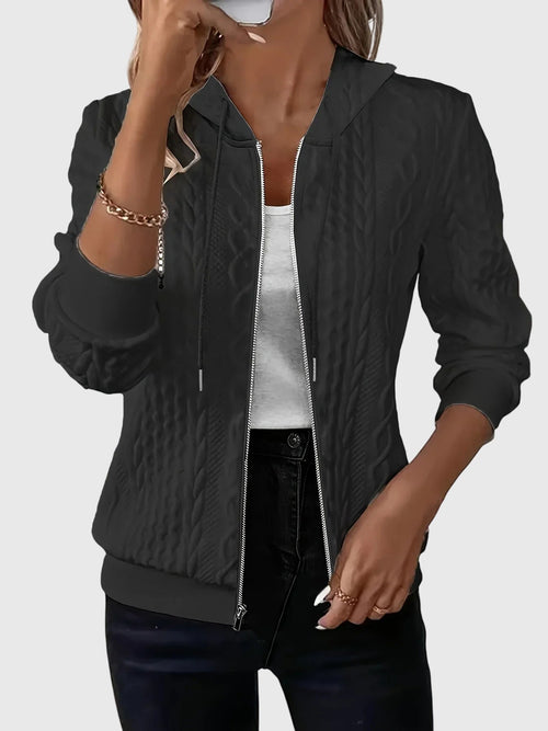 Women's Black Zip-Up Longline Autumn Hoodie with Drawstring Hood