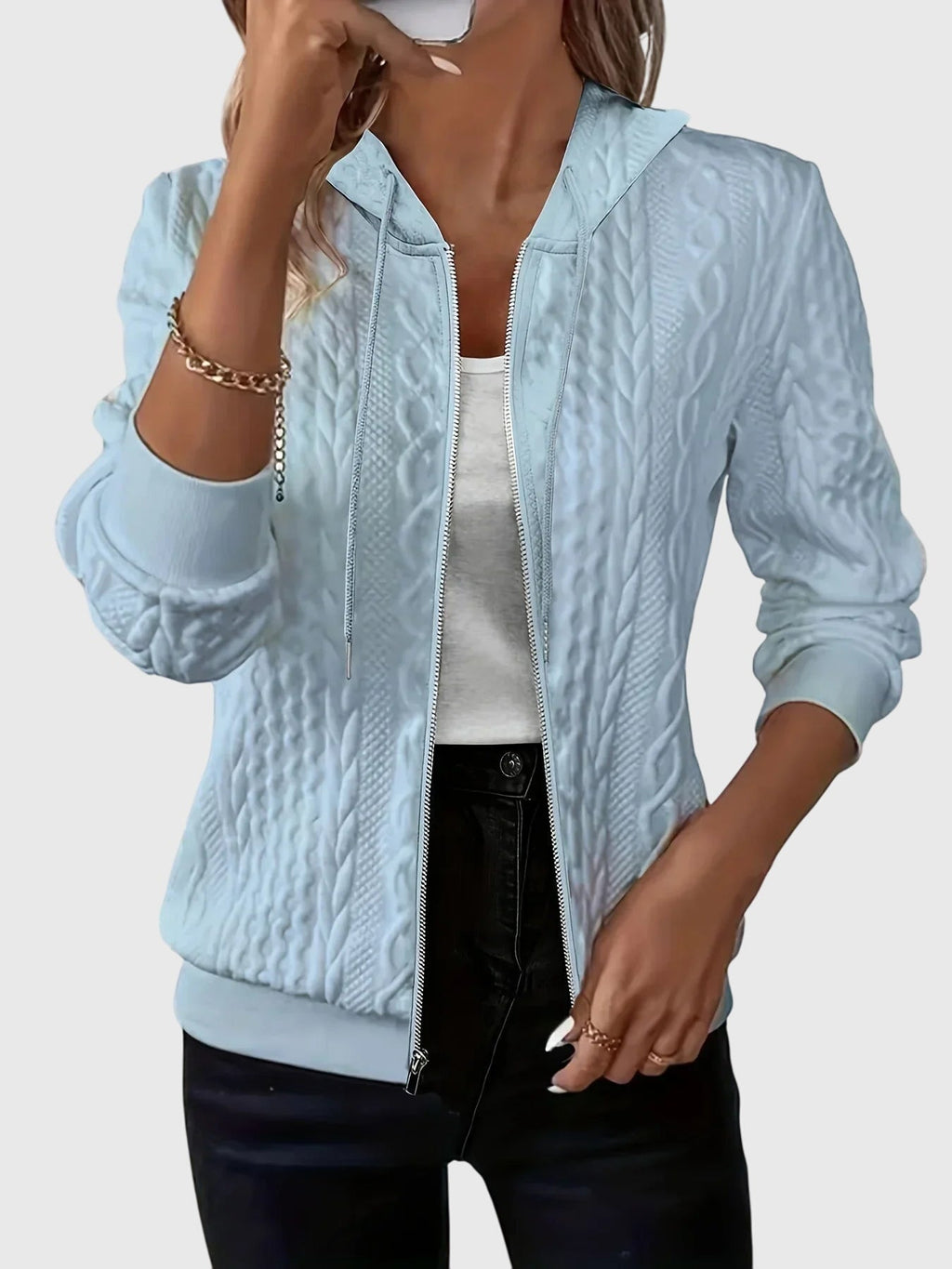Women's Sky Blue Zip-Up Longline Autumn Hoodie with Drawstring Hood
