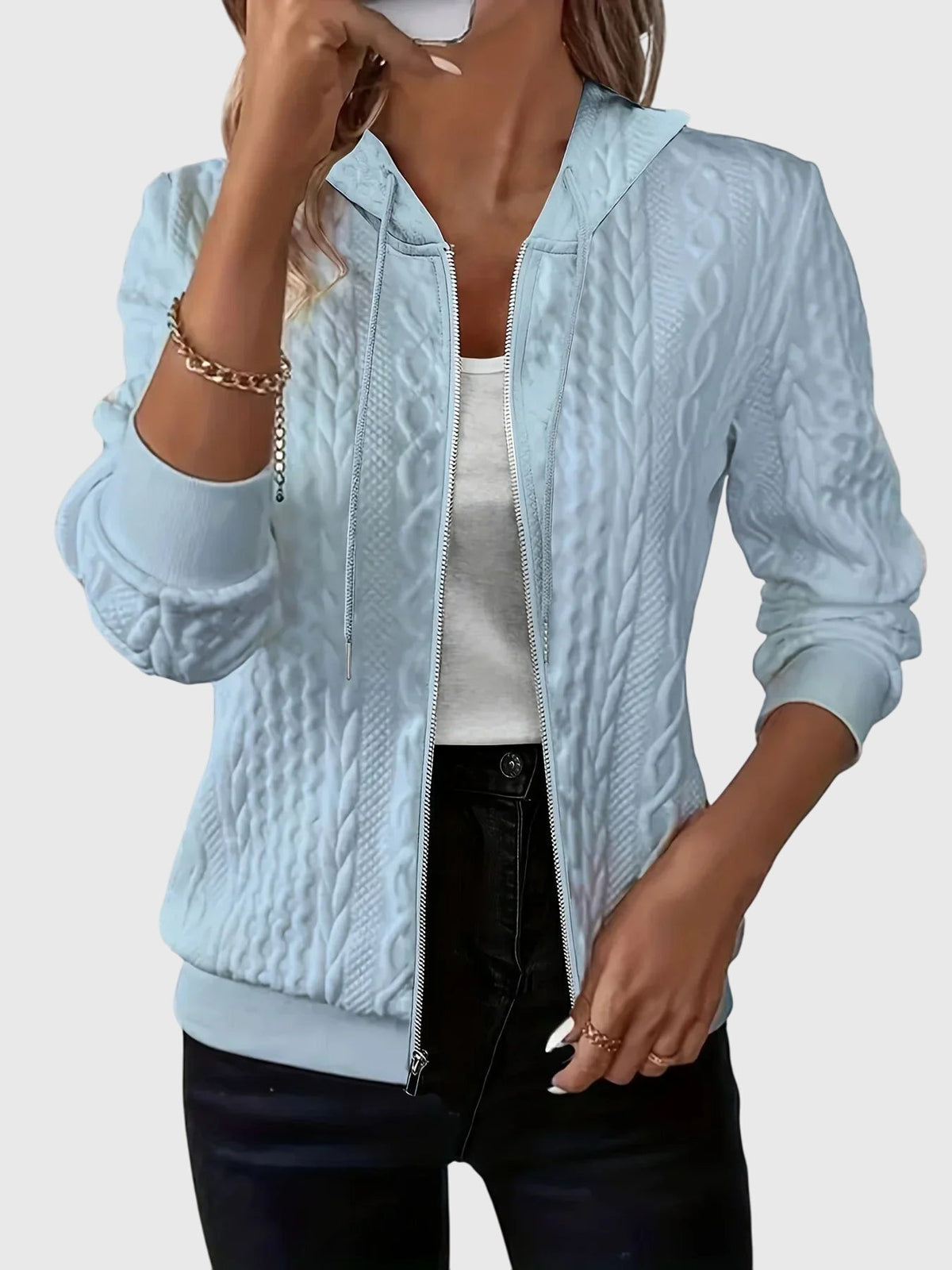 Women's Sky Blue Zip-Up Longline Autumn Hoodie with Drawstring Hood