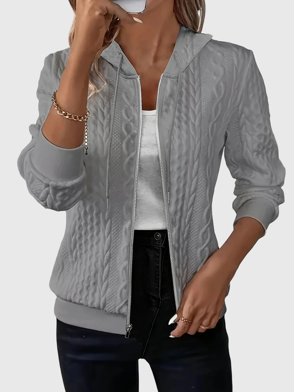 Women's Grey Zip-Up Longline Autumn Hoodie with Drawstring Hood