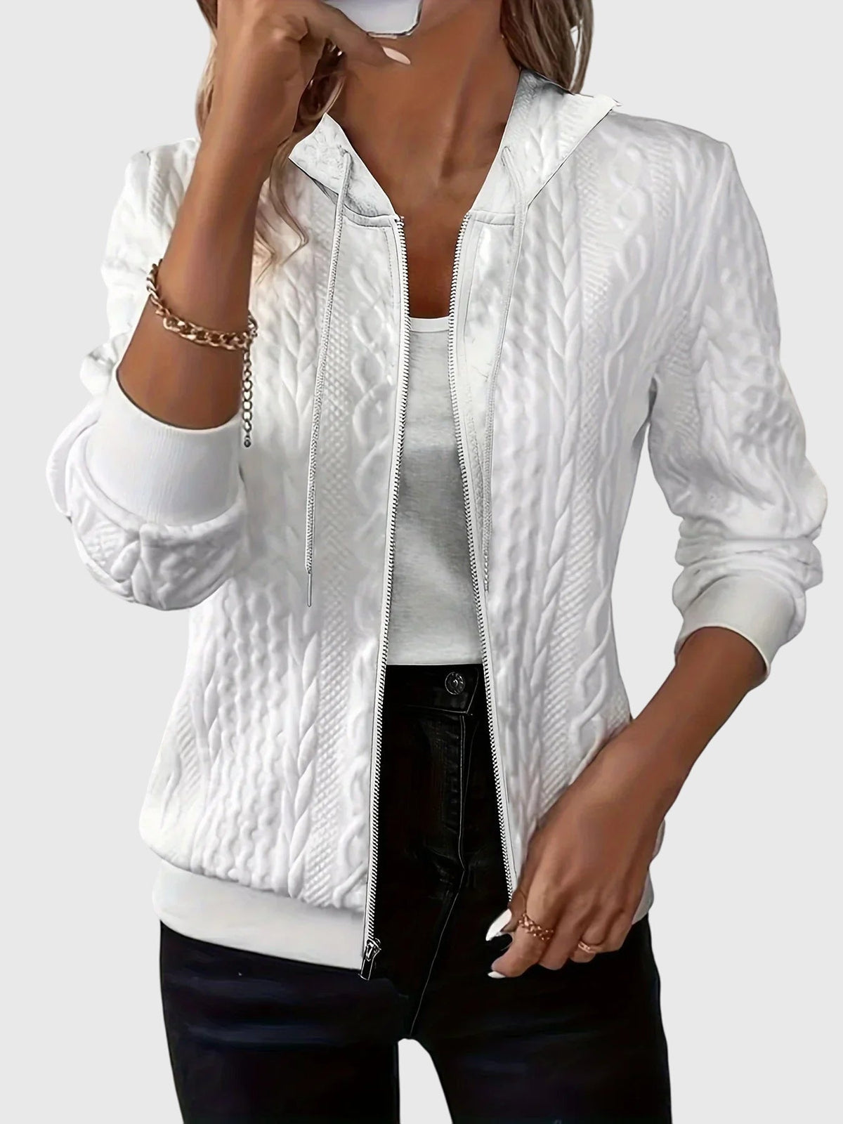 Women's White Zip-Up Longline Autumn Hoodie with Drawstring Hood