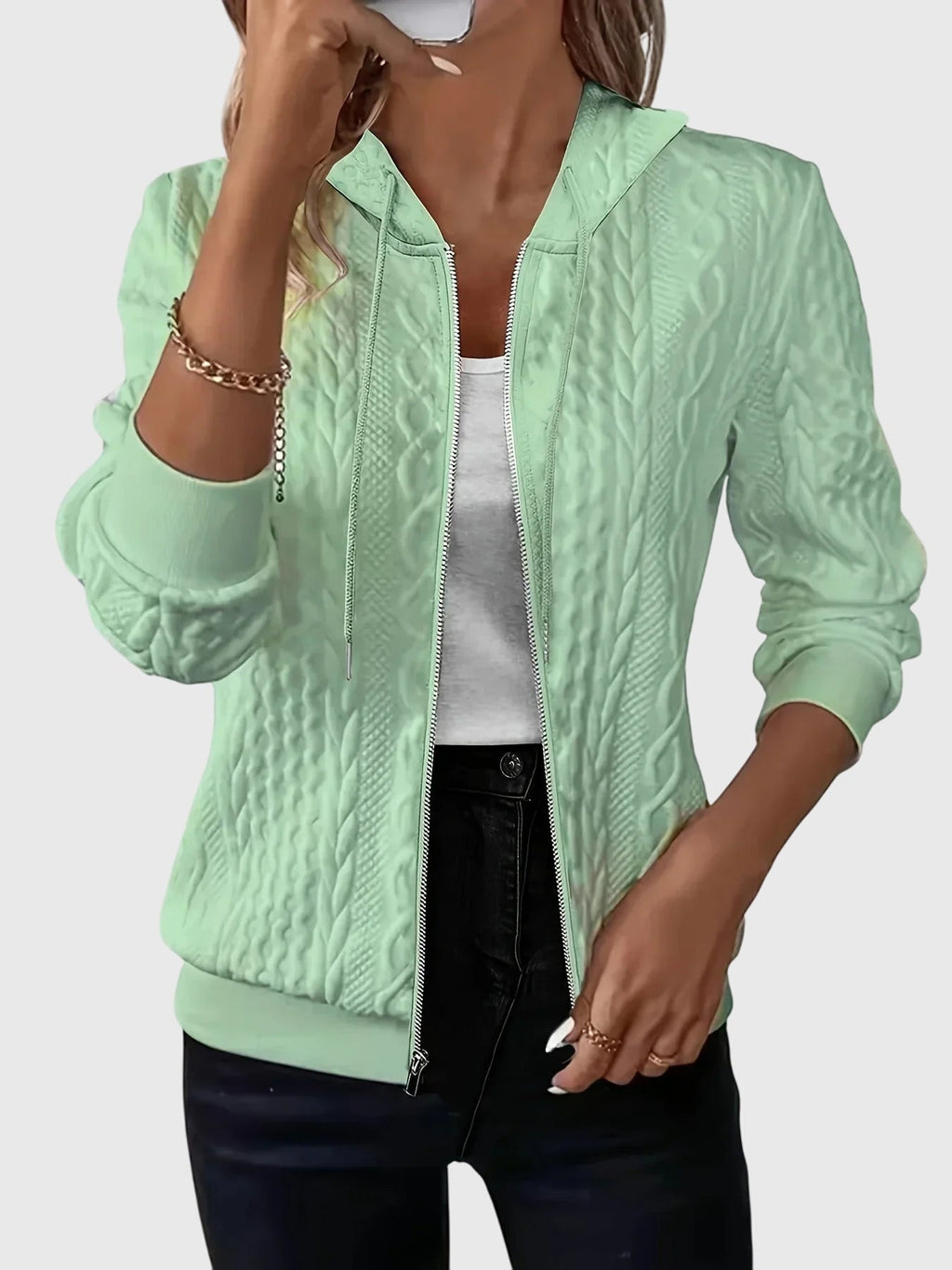 Women's Green Zip-Up Longline Autumn Hoodie with Drawstring Hood