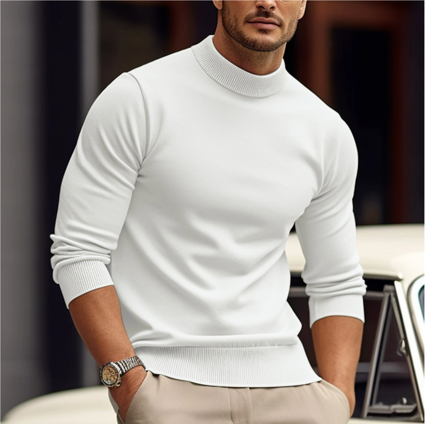 Men's white roll neck jumper soft knit for autumn layering
