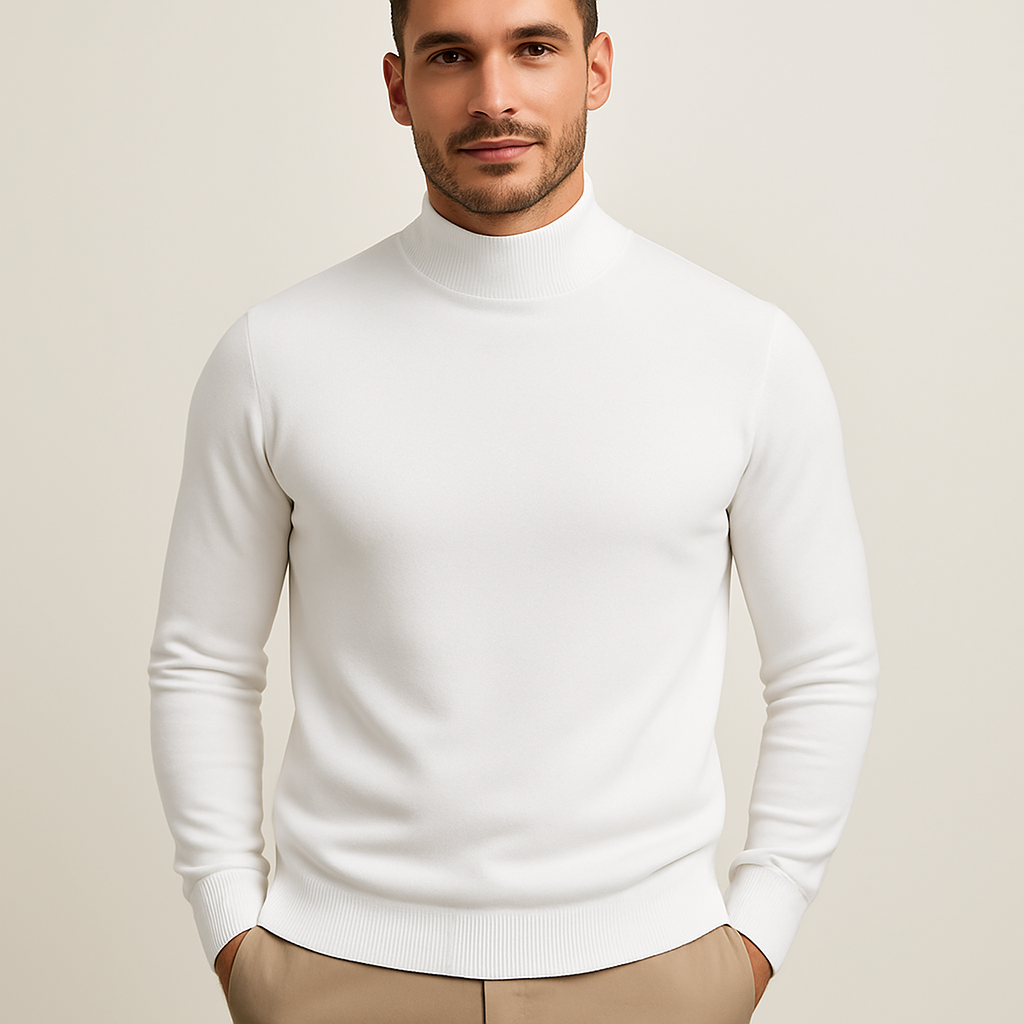 Men's white roll neck jumper soft knit for autumn layering