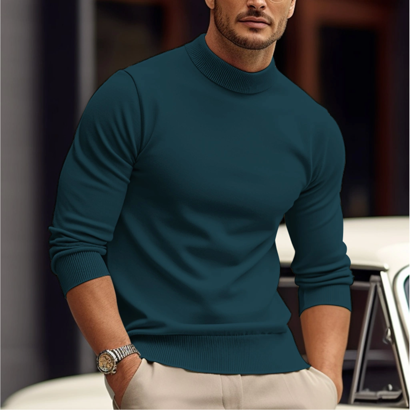 Men's white roll neck jumper soft knit for autumn layering