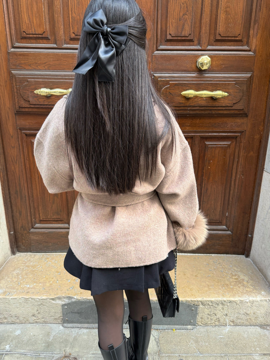 Women's Elegant Wrap Style Coat With Faux Fur Cuffs And Tie Waist