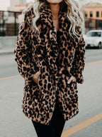 Women's leopard print faux fur coat with an oversized collar