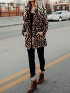 Women's leopard print faux fur coat with an oversized collar