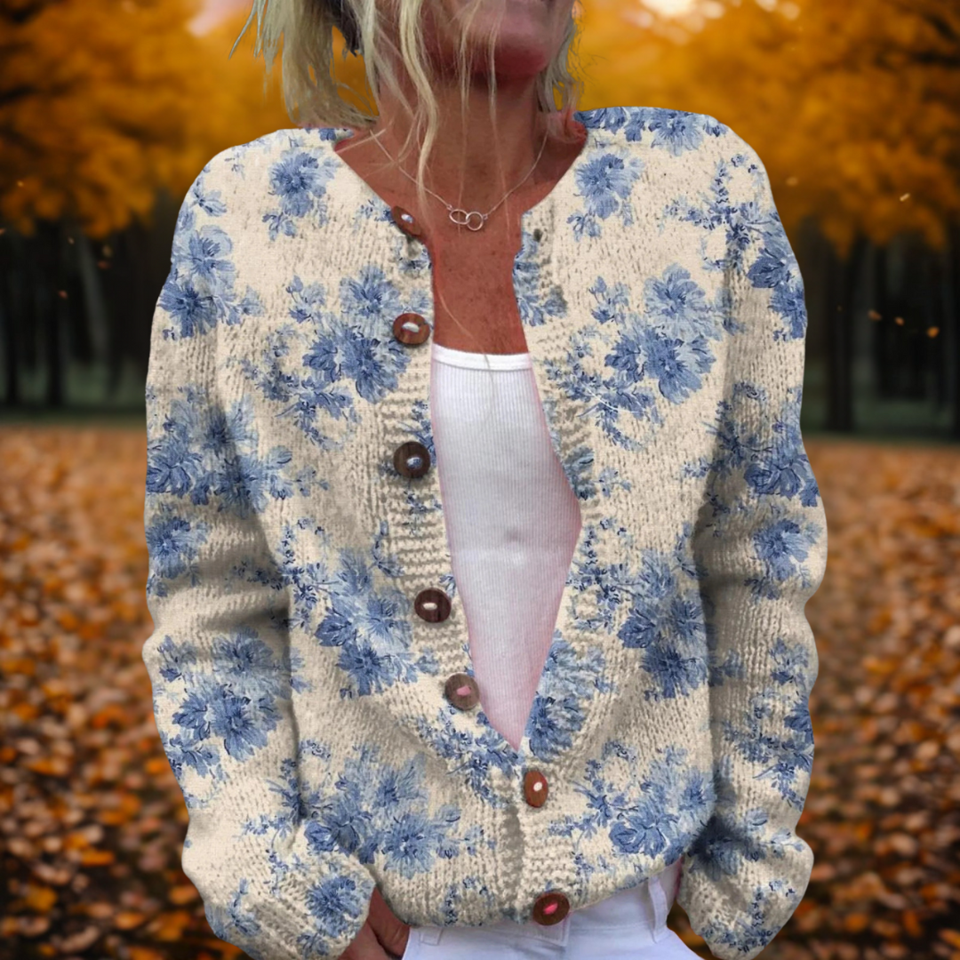 Women's multicolour open front cardigan with an artful multicolour print