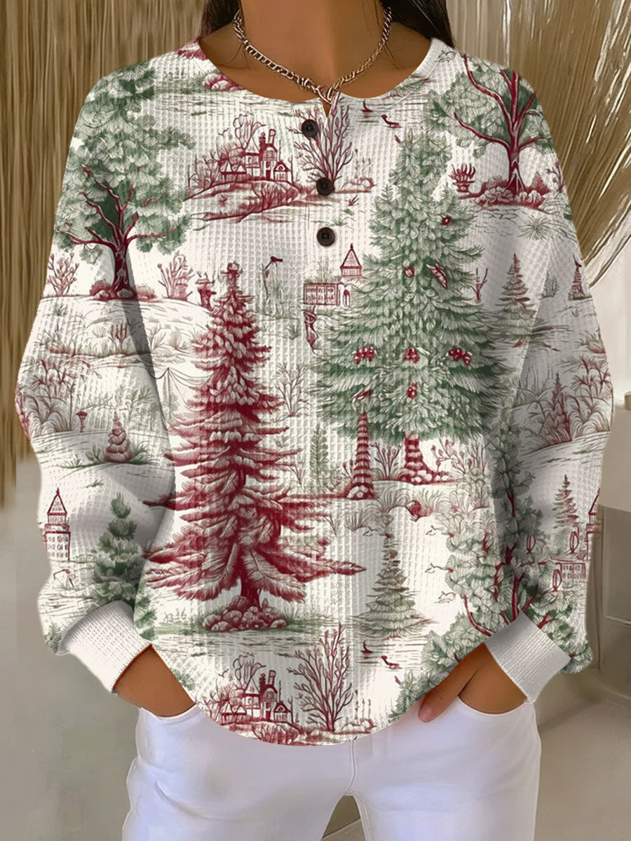 Pine forest print waffle-knit Christmas jumper, product still life