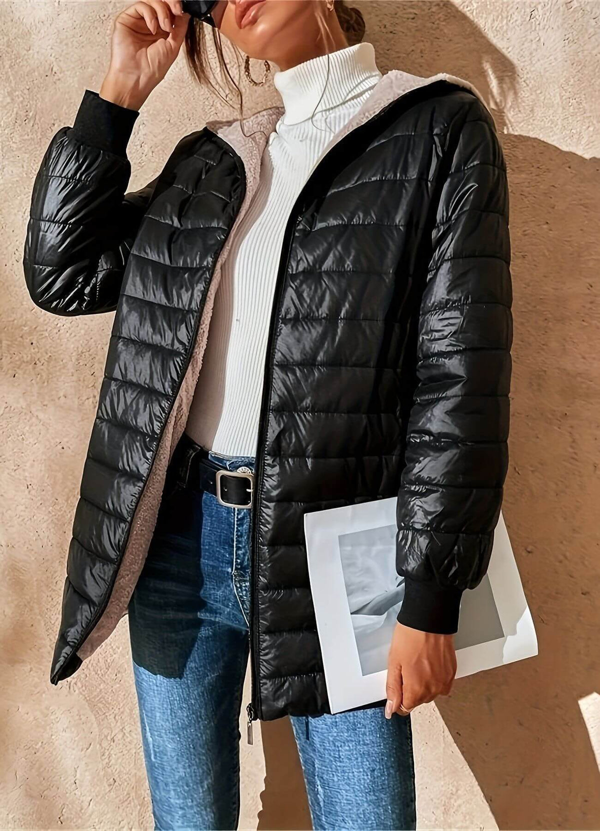 Women's black lightweight hooded puffer jacket