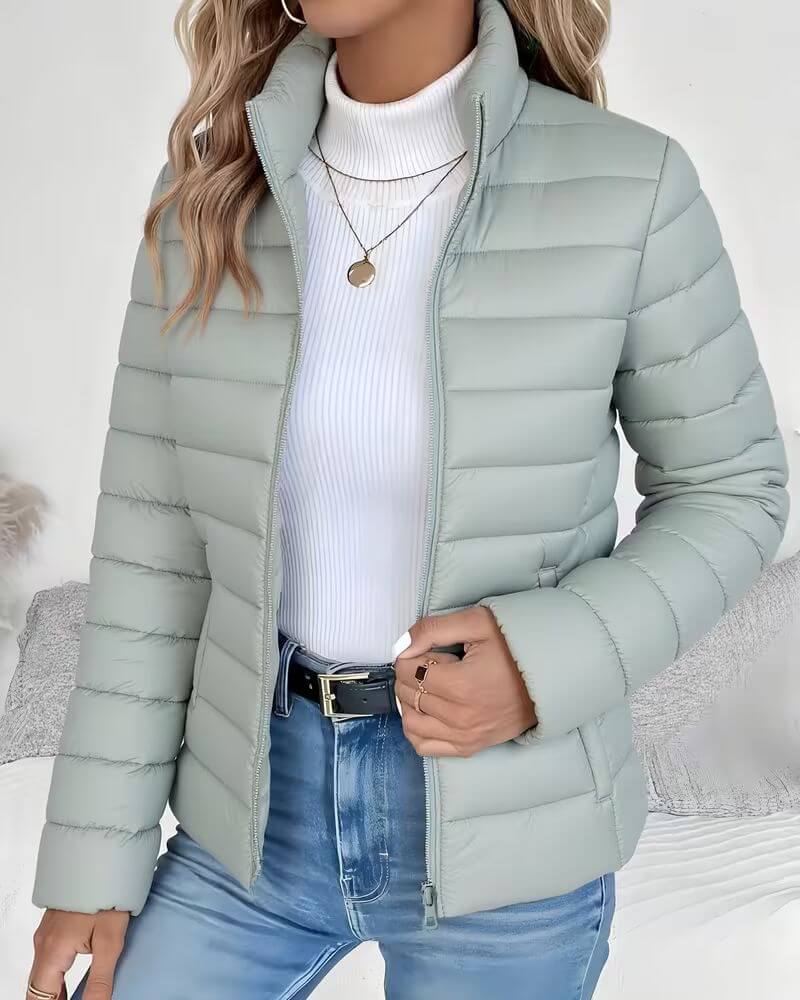 Women's sage green lightweight puffer jacket with stand collar