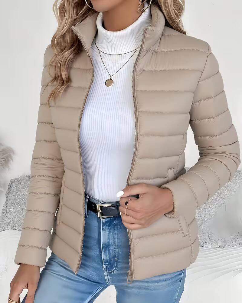 Women's beige lightweight puffer jacket with stand collar