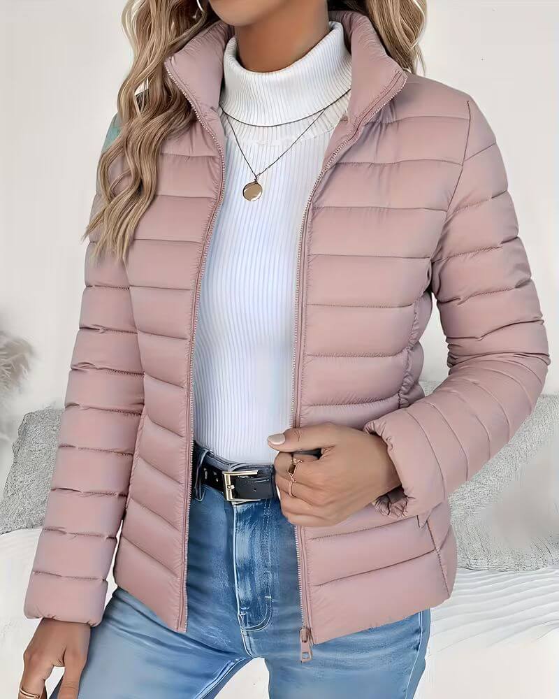 Women's dusty rose lightweight puffer jacket with stand collar