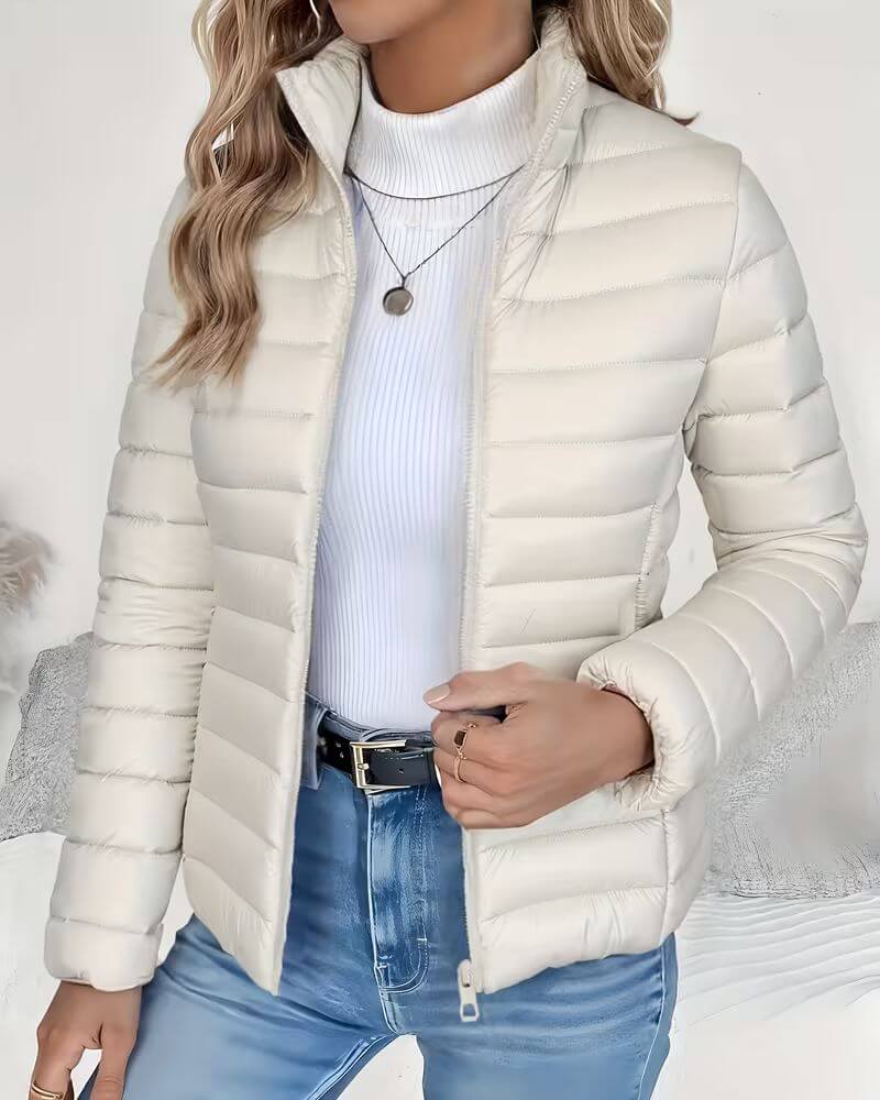Women's cream lightweight puffer jacket with stand collar