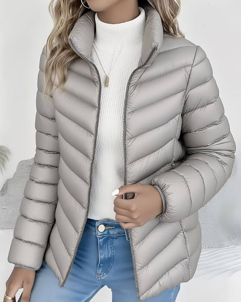 Women's grey lightweight puffer jacket with stand collar